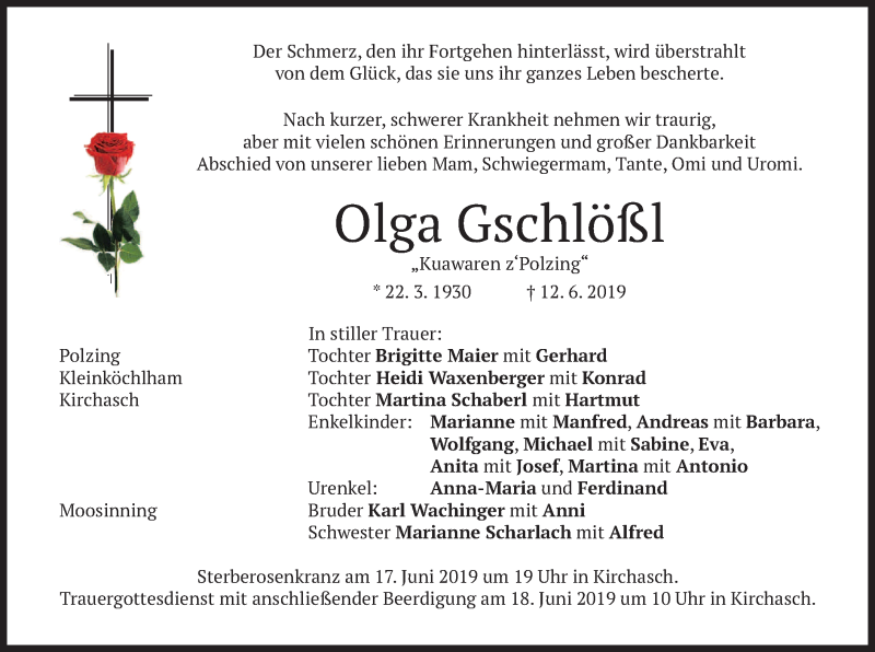  Traueranzeige für Olga Gschlößl vom 15.06.2019 aus merkurtz