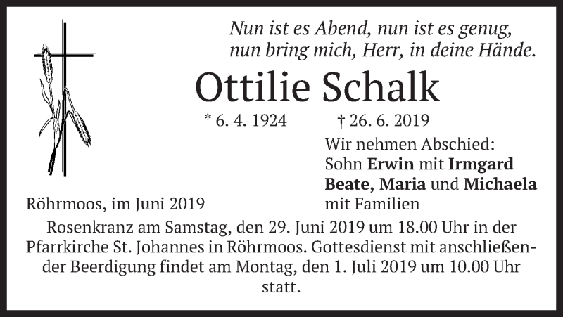  Traueranzeige für Ottilie Schalk vom 29.06.2019 aus merkurtz