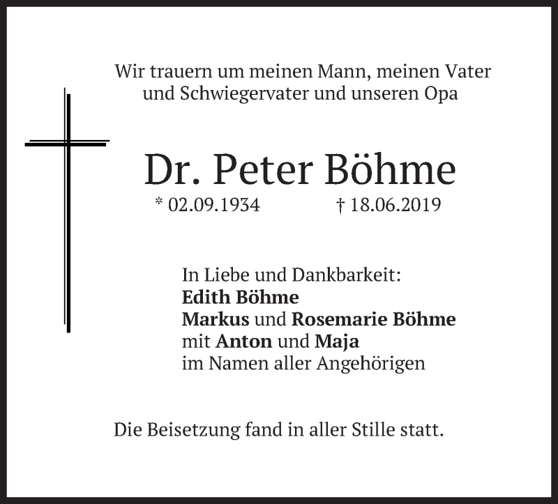  Traueranzeige für Peter Böhme vom 22.06.2019 aus merkurtz