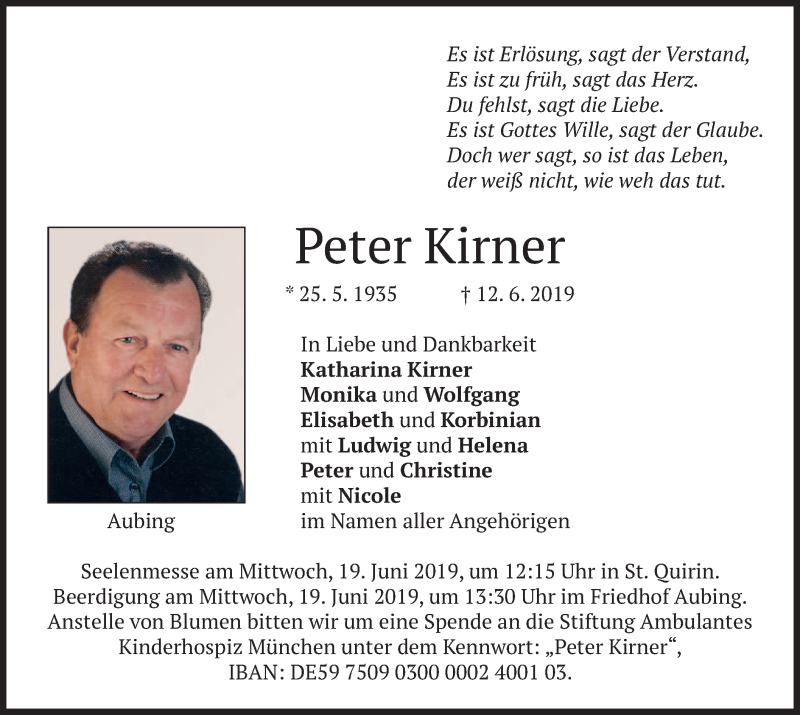  Traueranzeige für Peter Kirner vom 15.06.2019 aus merkurtz