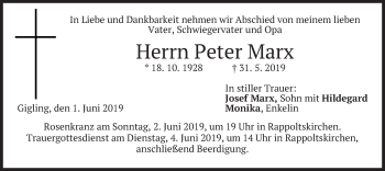 Traueranzeige von Peter Marx Marx von merkurtz