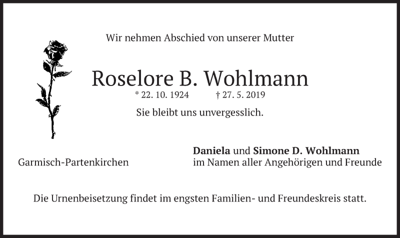  Traueranzeige für Roselore B. Wohlmann vom 08.06.2019 aus merkurtz
