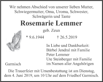 Traueranzeige von Rosemarie Lemmer von merkurtz