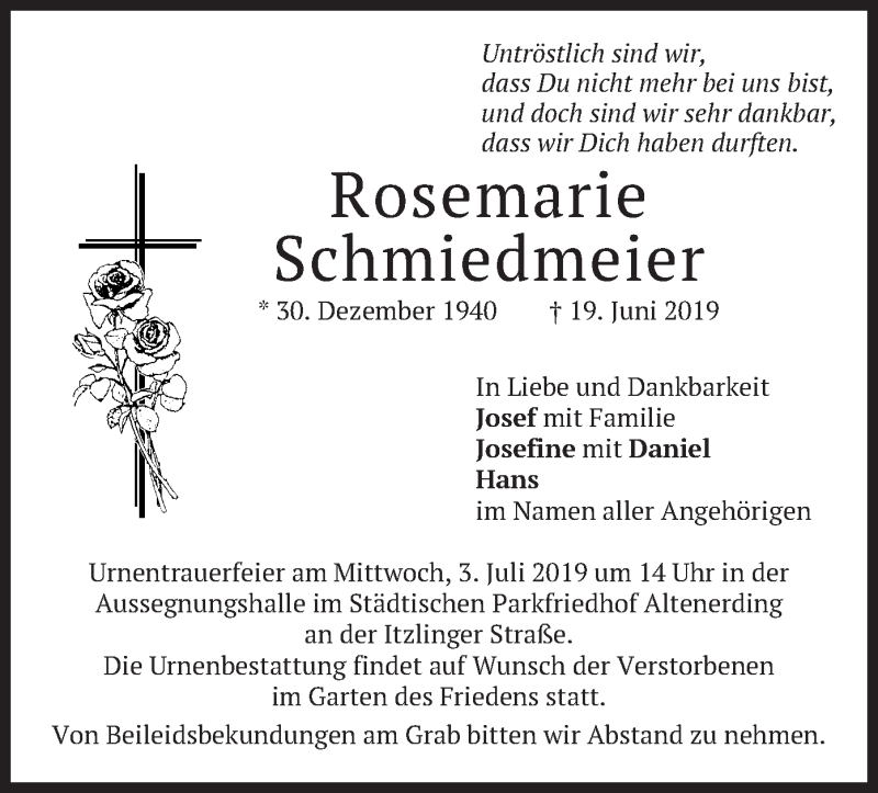  Traueranzeige für Rosemarie Schmiedmeier vom 29.06.2019 aus merkurtz