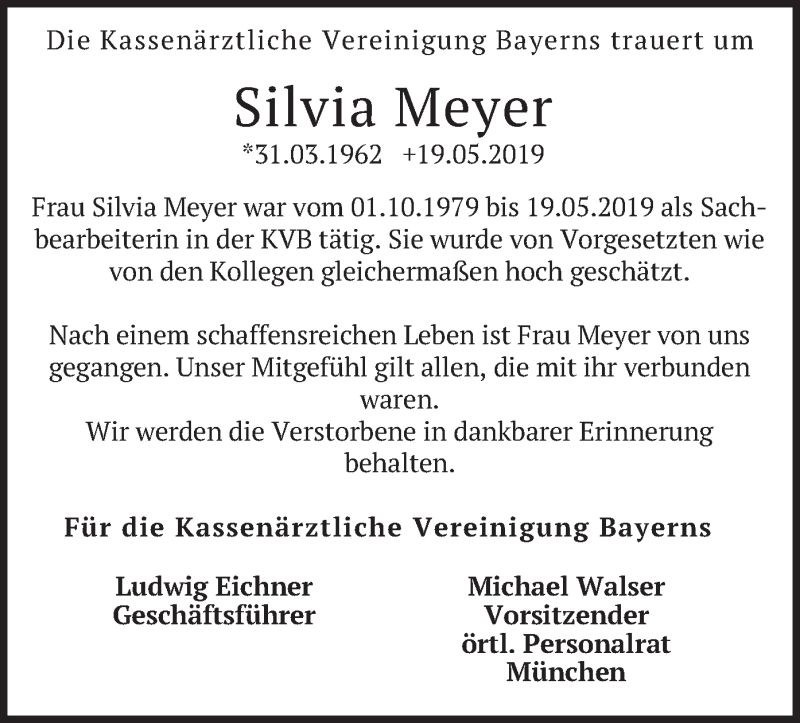 Traueranzeige für Silvia Meyer vom 28.06.2019 aus merkurtz