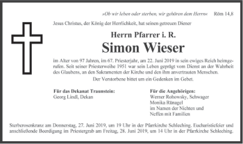 Traueranzeige von Simon Wieser von merkurtz