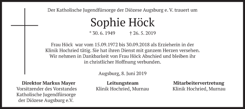  Traueranzeige für Sophie Höck vom 08.06.2019 aus merkurtz