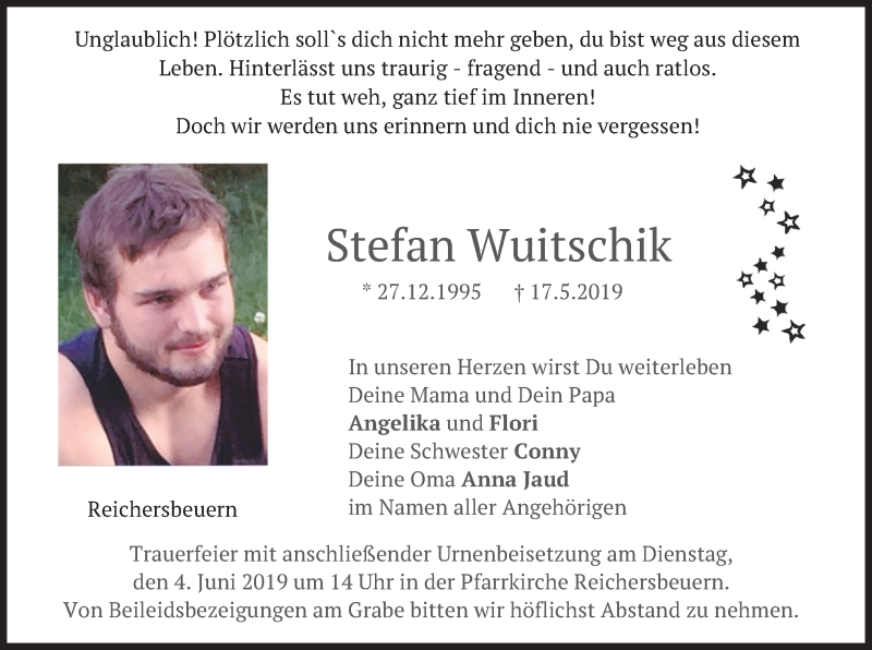  Traueranzeige für Stefan Wuitschik vom 01.06.2019 aus merkurtz