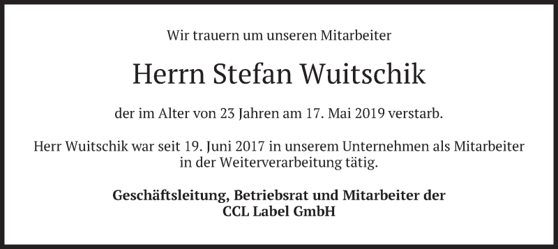  Traueranzeige für Stefan Wuitschik vom 01.06.2019 aus merkurtz