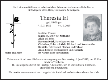 Traueranzeige von Theresia Irl von merkurtz