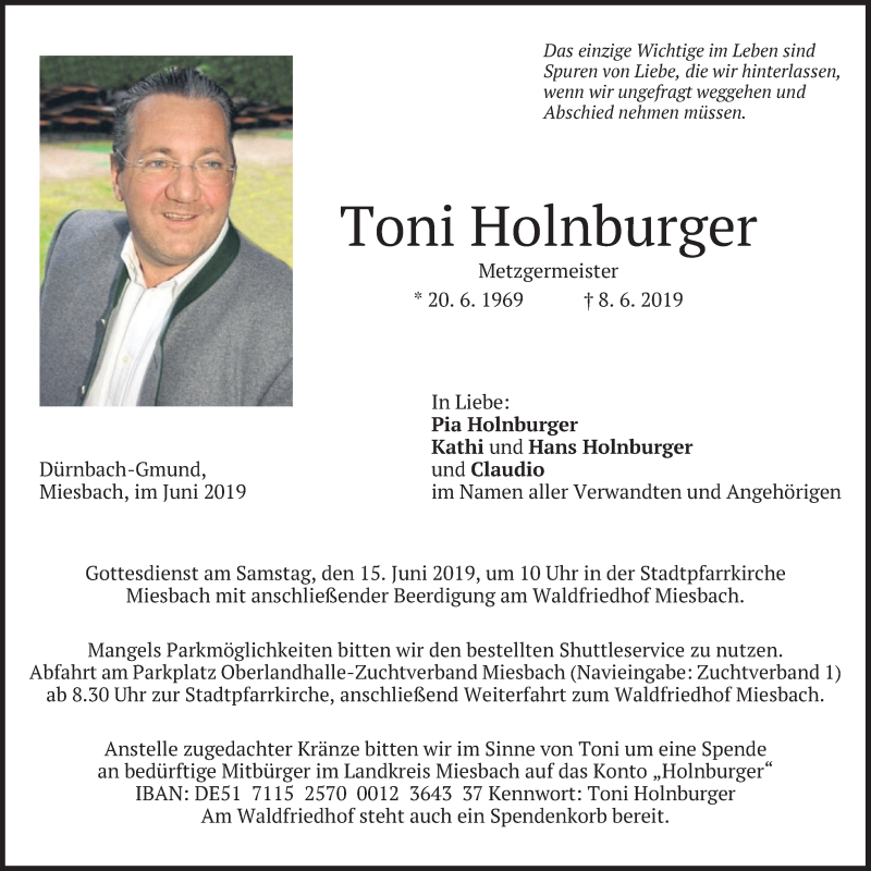  Traueranzeige für Toni Holnburger vom 13.06.2019 aus merkurtz