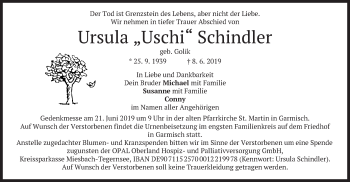 Traueranzeige von Ursula Schindler von merkurtz
