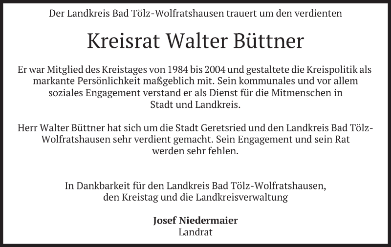  Traueranzeige für Walter Büttner vom 25.06.2019 aus merkurtz