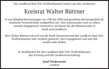 Traueranzeige von Walter Büttner von merkurtz