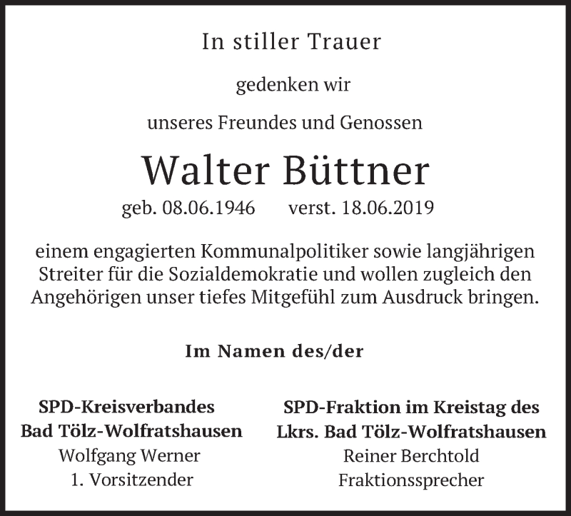  Traueranzeige für Walter Büttner vom 26.06.2019 aus merkurtz
