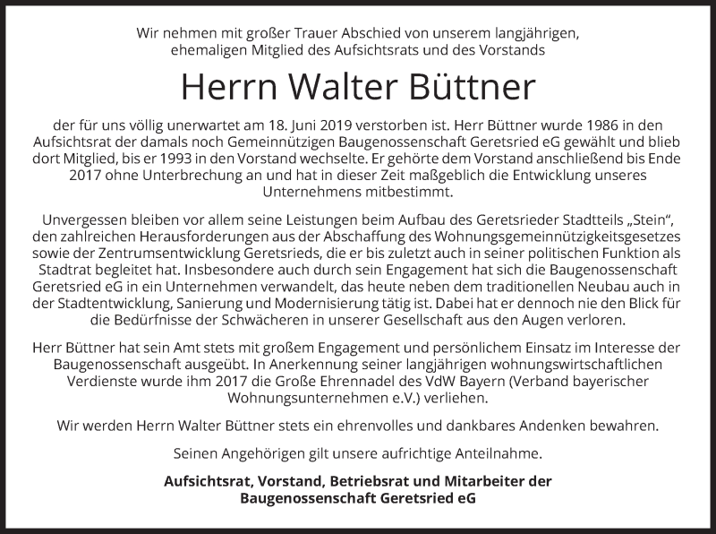  Traueranzeige für Walter Büttner vom 26.06.2019 aus merkurtz