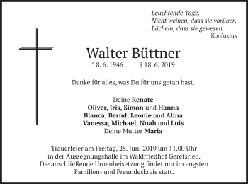 Traueranzeige von Walter Büttner von merkurtz