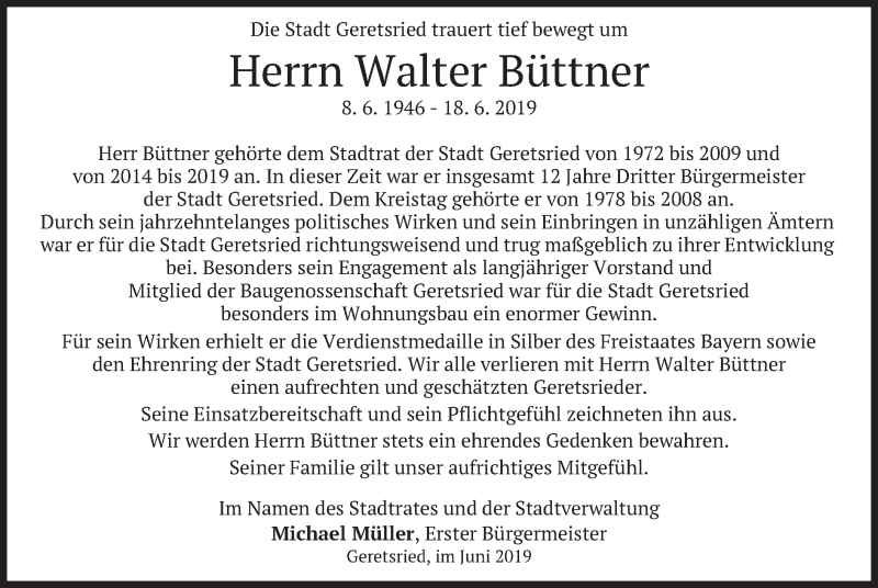  Traueranzeige für Walter Büttner vom 25.06.2019 aus merkurtz