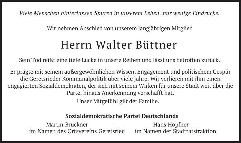  Traueranzeige für Walter Büttner vom 25.06.2019 aus merkurtz