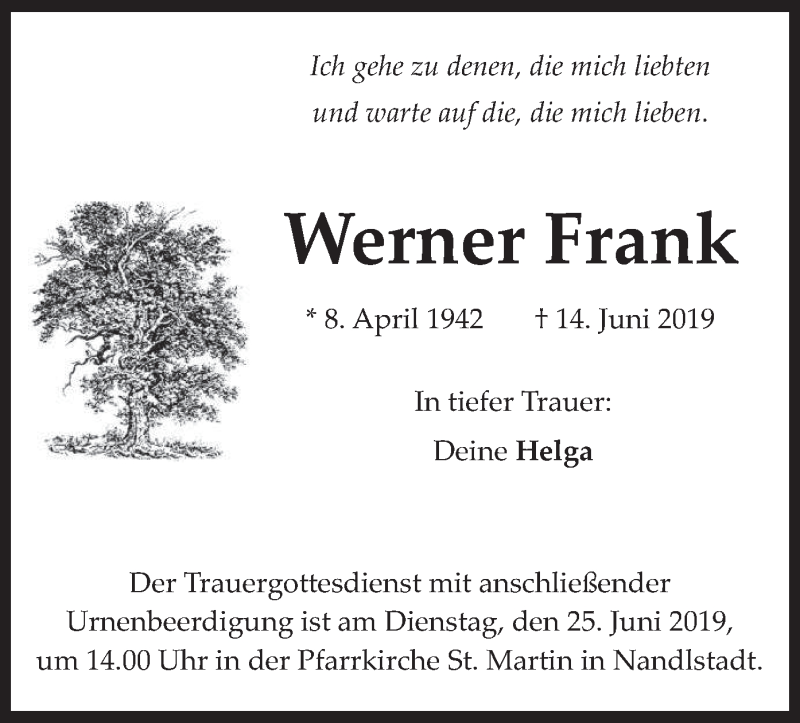  Traueranzeige für Werner Frank vom 22.06.2019 aus merkurtz
