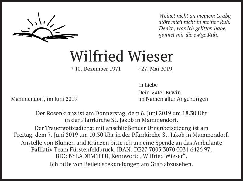  Traueranzeige für Wilfried Wieser vom 01.06.2019 aus merkurtz