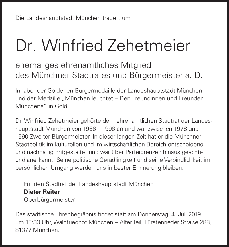  Traueranzeige für Winfried Zehetmeier vom 29.06.2019 aus merkurtz
