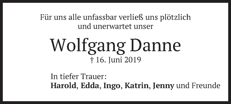  Traueranzeige für Wolfgang Danne vom 28.06.2019 aus merkurtz