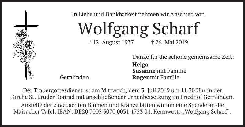  Traueranzeige für Wolfgang Scharf vom 29.06.2019 aus merkurtz