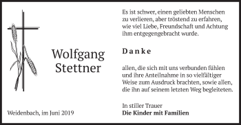 Traueranzeige von Wolfgang Stettner von merkurtz