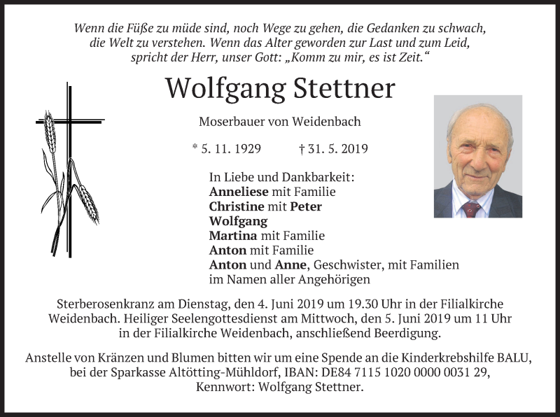  Traueranzeige für Wolfgang Stettner vom 01.06.2019 aus merkurtz