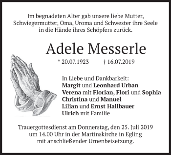 Traueranzeige von Adele Messerle von merkurtz