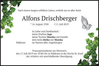 Traueranzeige von Alfons Drischberger von merkurtz