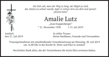 Traueranzeige von Amalie Lutz von merkurtz