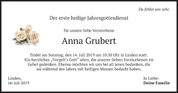 Traueranzeige von Anna Grubert von merkurtz
