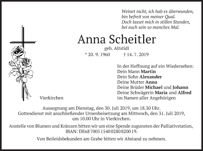  Traueranzeige für Anna Scheitler vom 27.07.2019 aus merkurtz