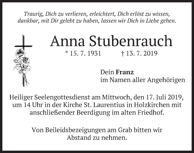  Traueranzeige für Anna Stubenrauch vom 16.07.2019 aus merkurtz