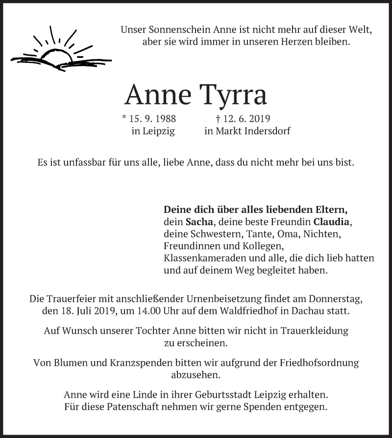 Traueranzeige für Anne Tyrra vom 13.07.2019 aus merkurtz