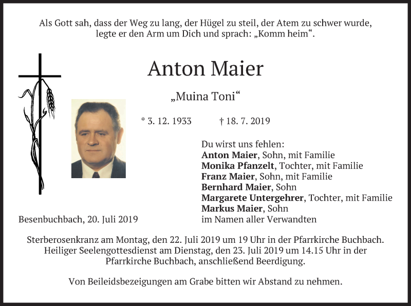  Traueranzeige für Anton Maier vom 20.07.2019 aus merkurtz