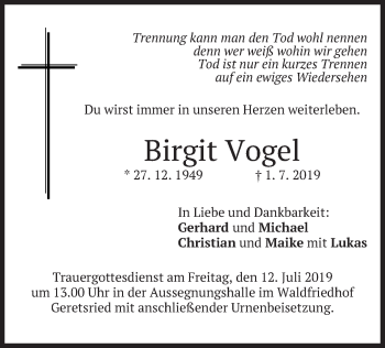 Traueranzeige von Birgit Vogel von merkurtz