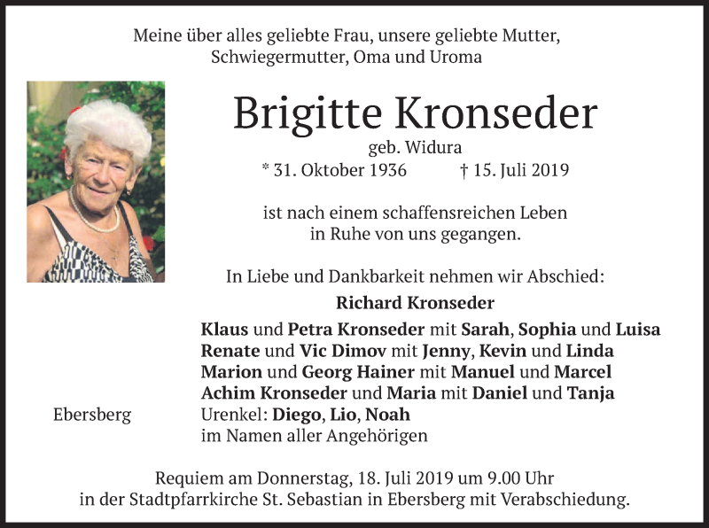  Traueranzeige für Brigitte Kronseder vom 17.07.2019 aus merkurtz
