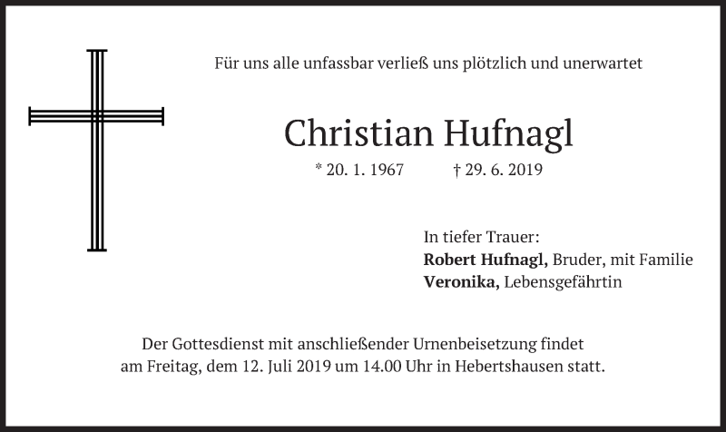  Traueranzeige für Christian Hufnagl vom 10.07.2019 aus merkurtz