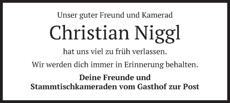  Traueranzeige für Christian Niggl vom 27.07.2019 aus merkurtz