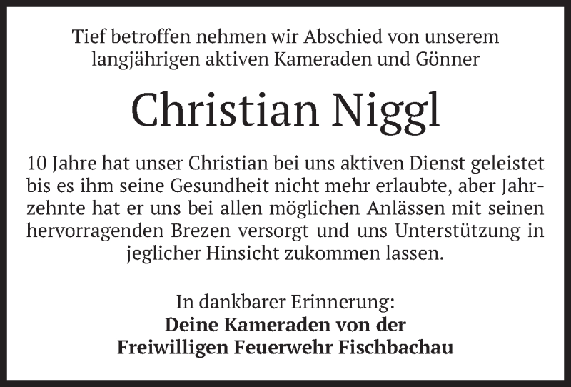  Traueranzeige für Christian Niggl vom 27.07.2019 aus merkurtz