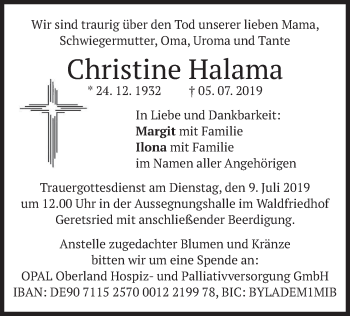 Traueranzeige von Christine Halama von merkurtz