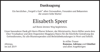 Traueranzeige von Elisabeth Speer von merkurtz