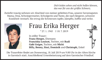 Traueranzeige von Erika Herger von merkurtz