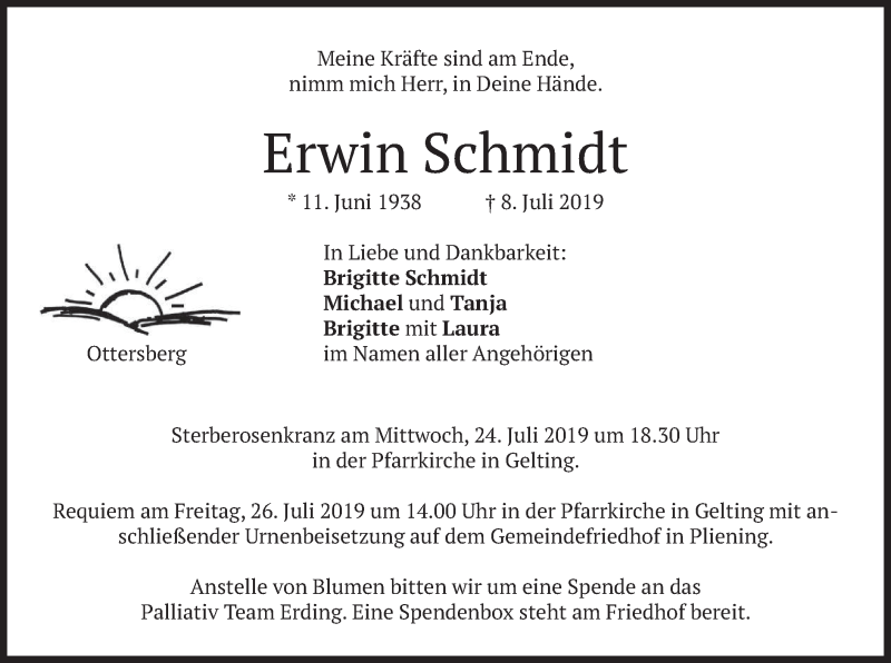  Traueranzeige für Erwin Schmidt vom 20.07.2019 aus merkurtz