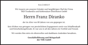 Traueranzeige von Franz Diranko von merkurtz