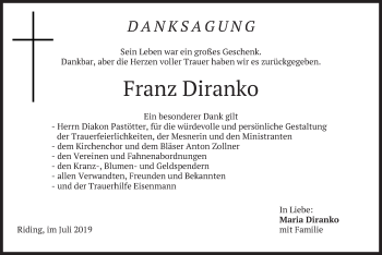 Traueranzeige von Franz Diranko von merkurtz