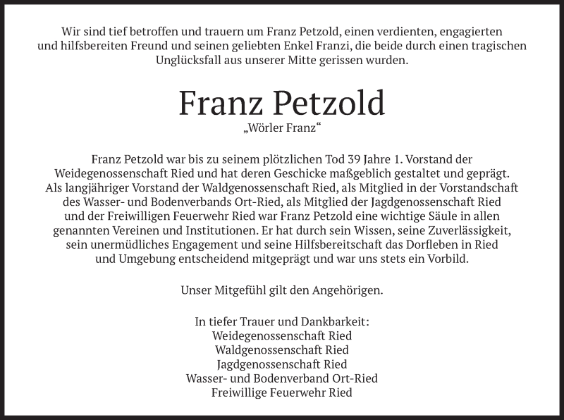  Traueranzeige für Franz Petzold vom 11.07.2019 aus merkurtz